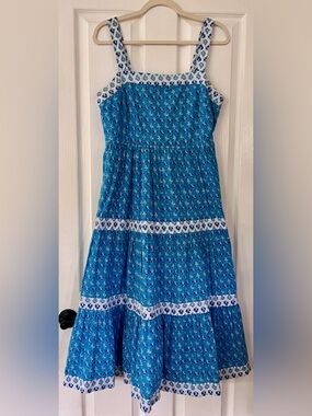 J. Crew 100% Cotton Blue Floral Tiered Midi Dress